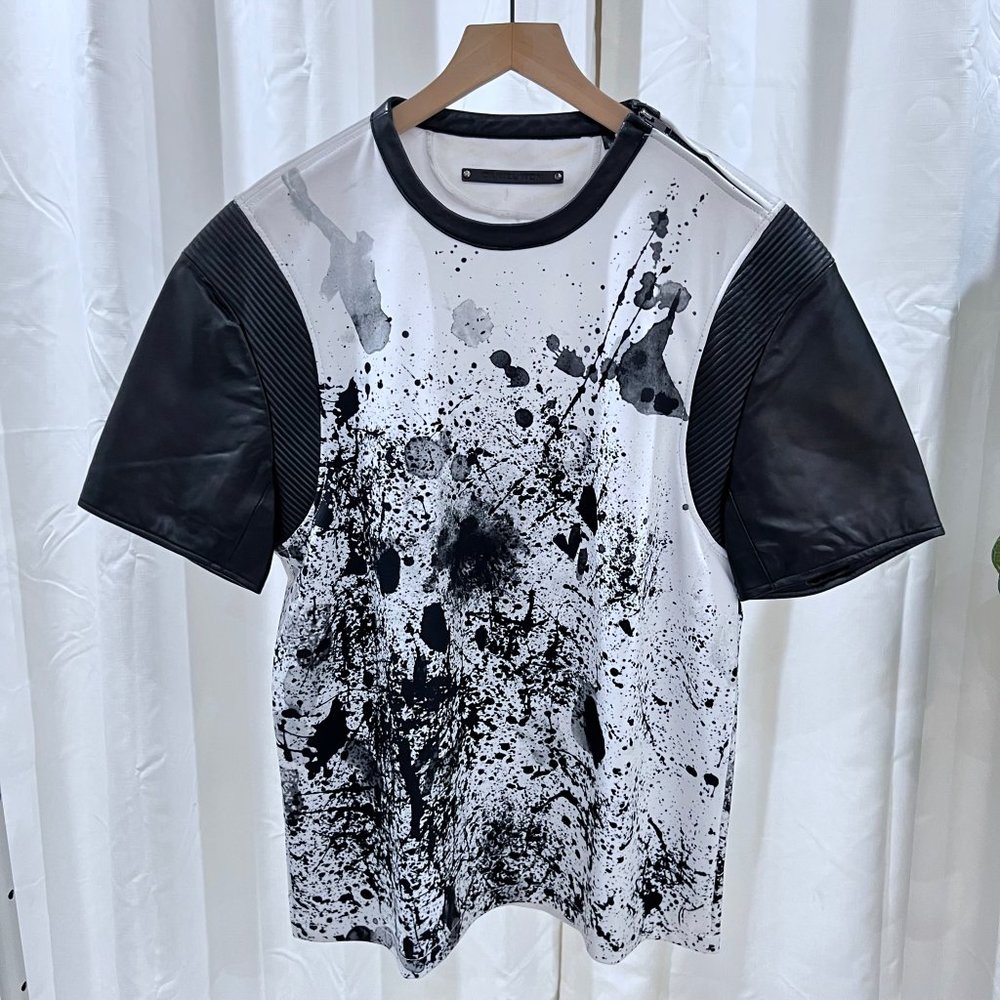 Daniel Won Abstract Print Mixed Media Polyester Lambskin Leather Sleeve Shirt.